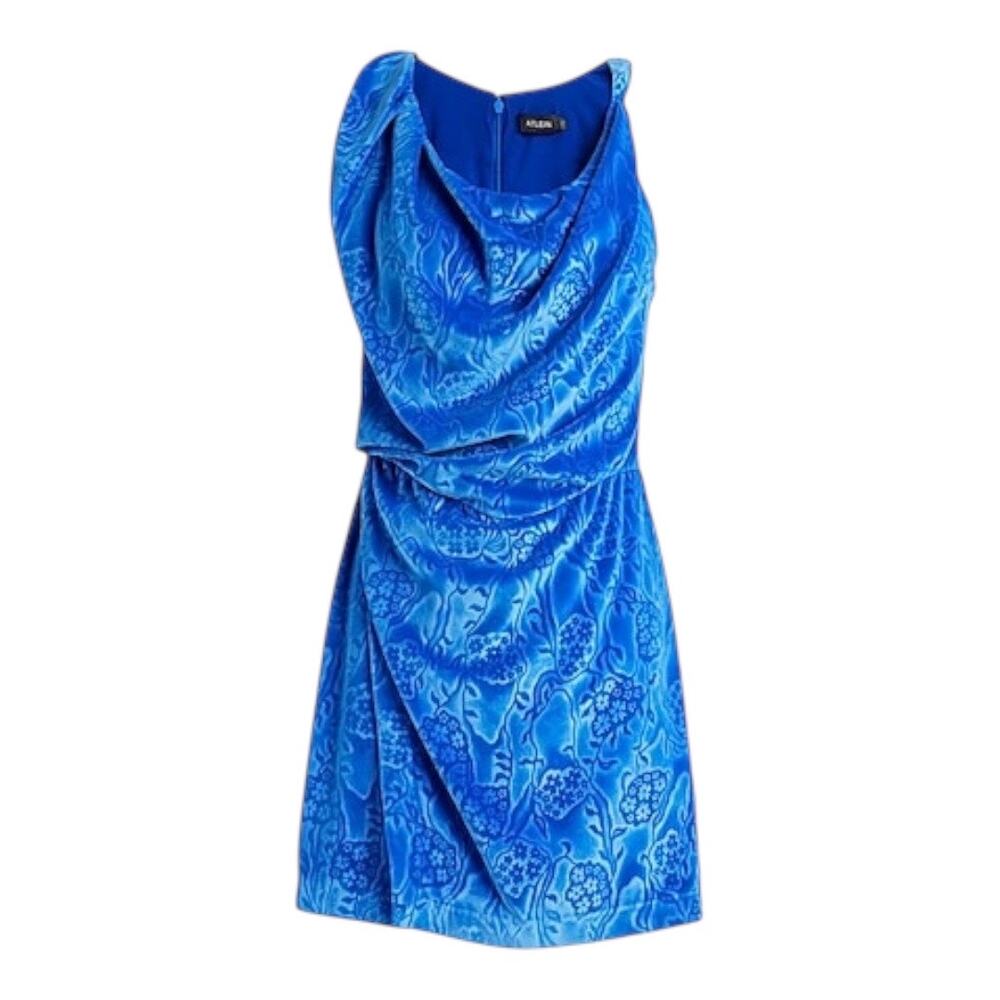 Atlein Draped Floral Design Cobalt Blue Velvet Dress Women’s Size 4 Small